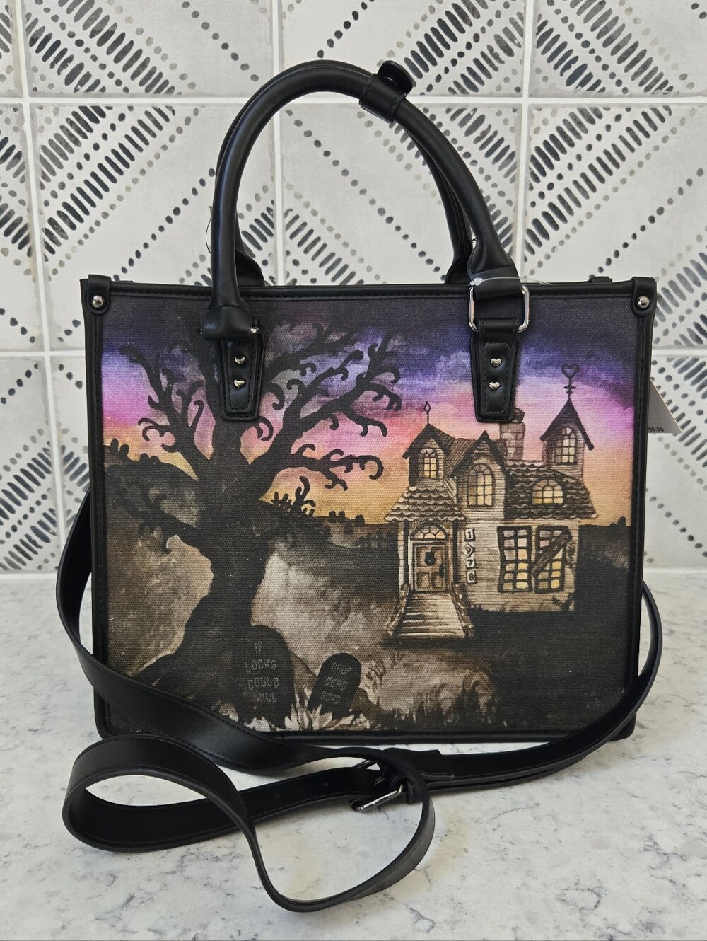 Betsey Johnson Haunted House Tote Handbag with Bat Charm - Picture 8 of 8